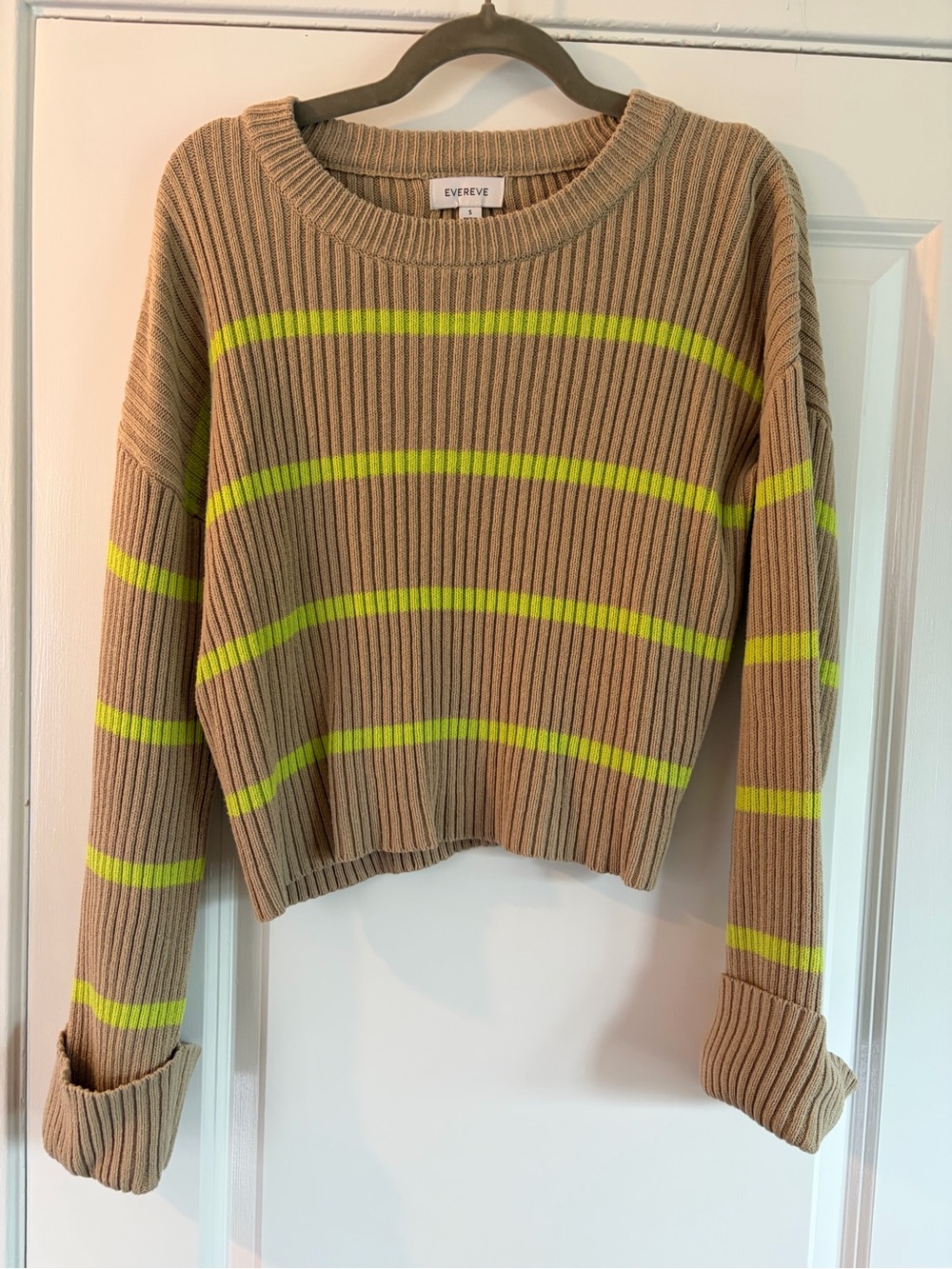 Evereve Beige Ribbed Crewneck Sweater with Neon Yellow Stripes